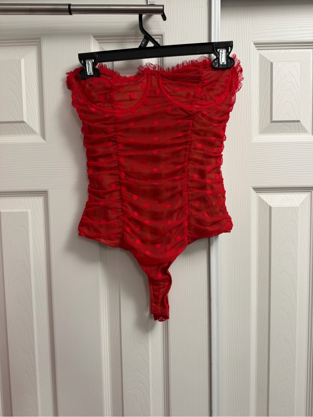 MAJORELLE Red Sheer Polka Dot Ruched Bodysuit